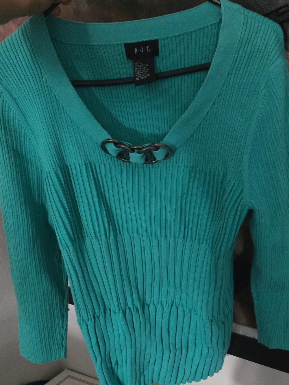 Teal Ribbed Knit Dress with Chain Accent